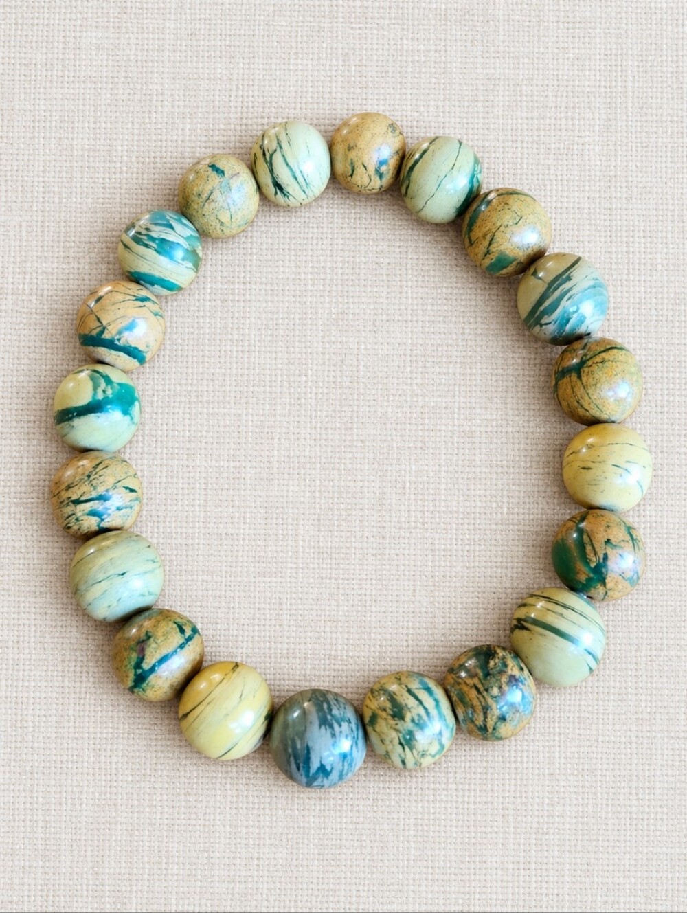 Green Line Jasper Beaded Stretch Bracelet - Handmade